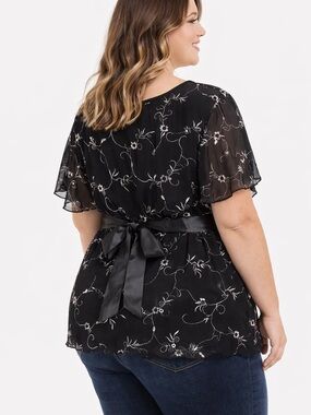 Encore Black Floral Embroidered Wrap Blouse Size 22 Plus Size Boho